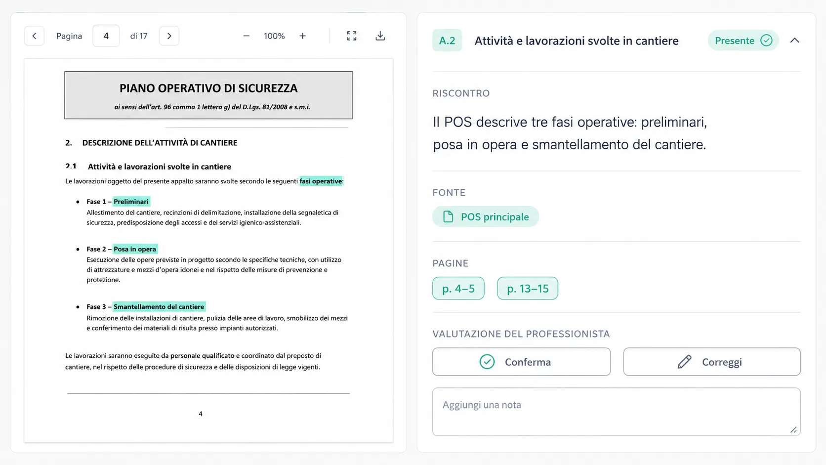 Analisi del POS: il documento a sinistra, il riscontro dell'AI con fonte e pagine a destra